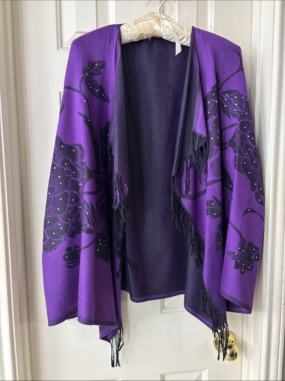 Purple Floral Fringe Open Front Shawl Coat
